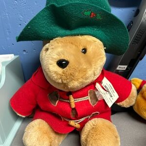 Vintage Paddington Bear Plush Toy with Red Coat and Green Hat